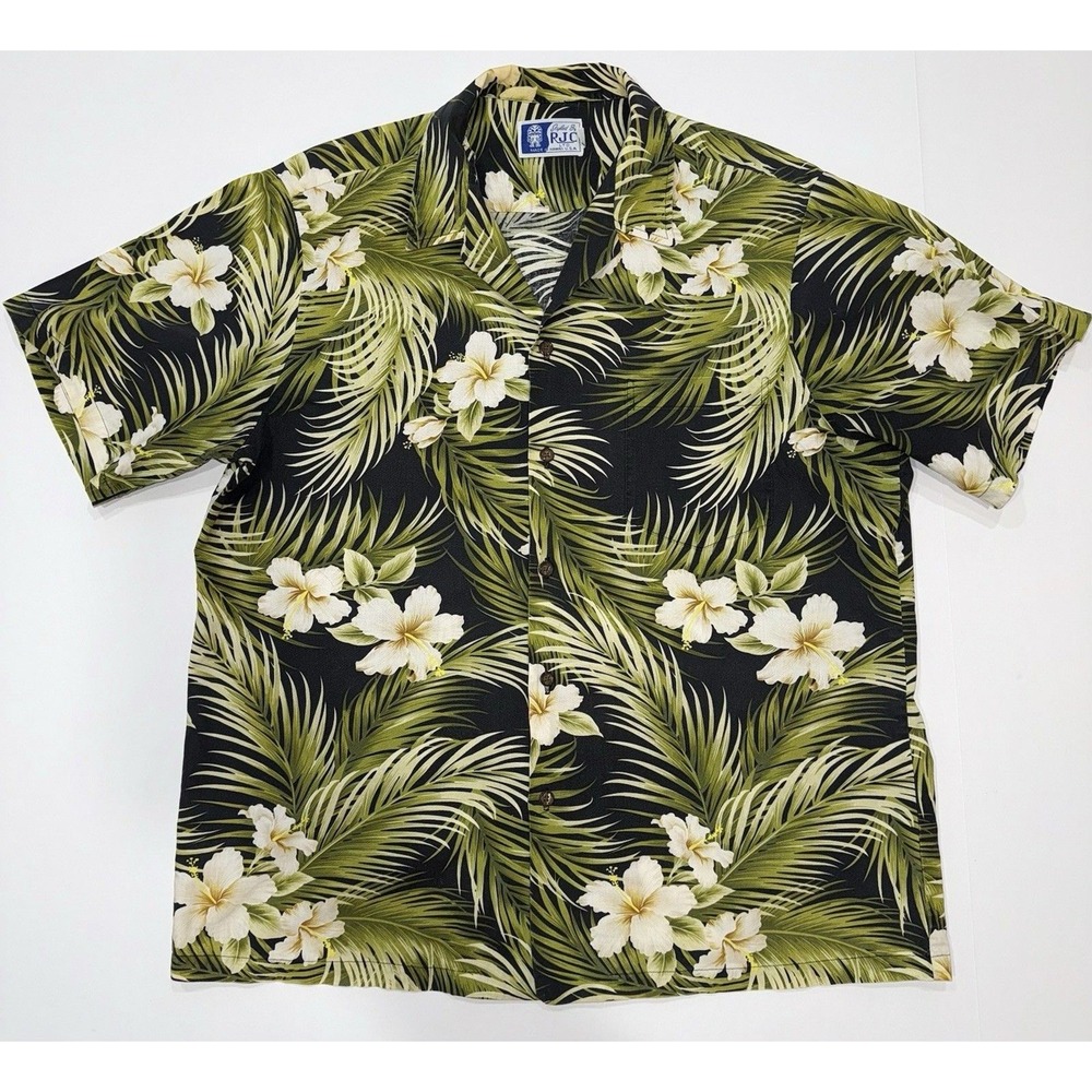 VTG Styled By RJC Button Up Shirt Men's XL Hibiscus Palms Hawaiian‎ USA Made